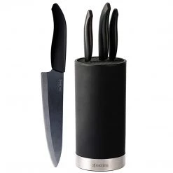 Kyocera Universal Knife Block Black Soft Touch Round Block And 4 Advanced Ceramic Knives, Black Blades