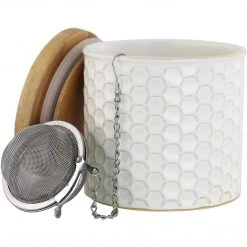 COFFEE & TEA Chantal Honeycomb Tea Caddy W/ Bamboo Lid & Stainless Steel Tea Ball Infuser - White