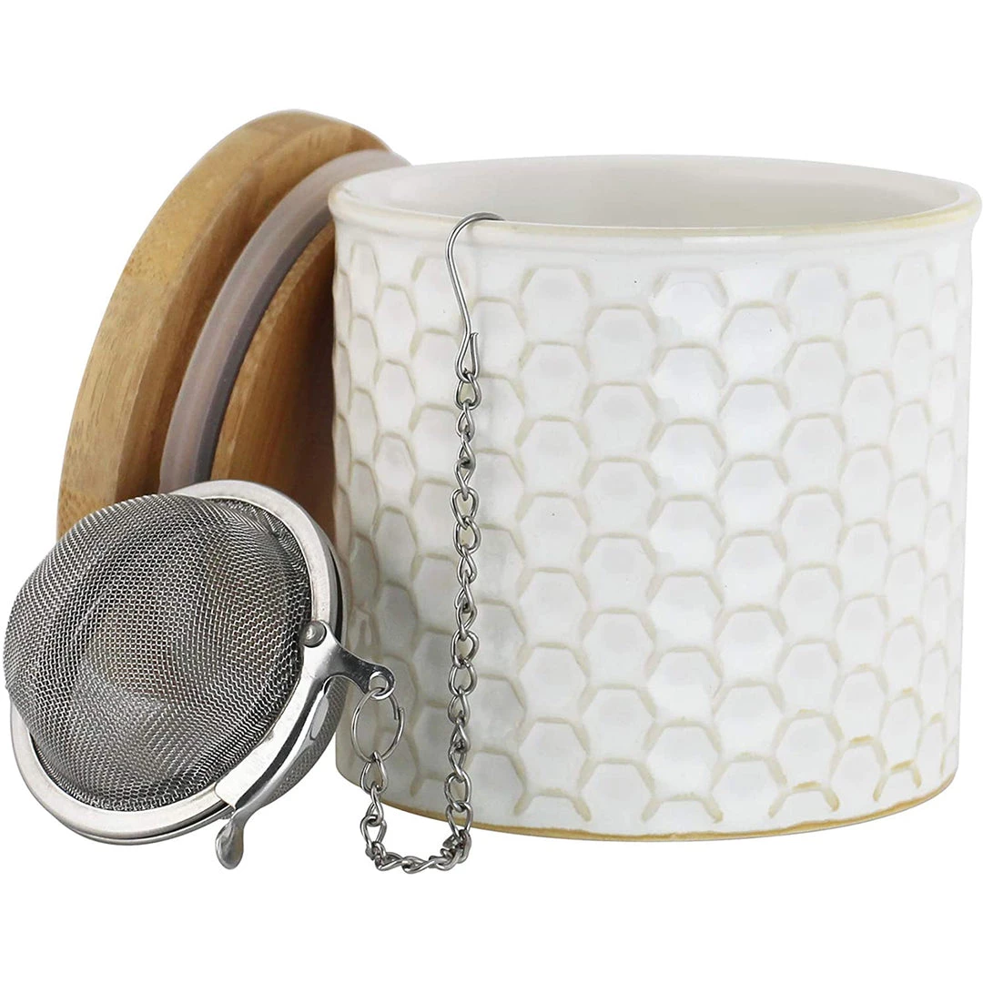 COFFEE & TEA Chantal Honeycomb Tea Caddy W/ Bamboo Lid & Stainless Steel Tea Ball Infuser - White 3 COFFEE & TEA Chantal Honeycomb Tea Caddy W/ Bamboo Lid & Stainless Steel Tea Ball Infuser - White