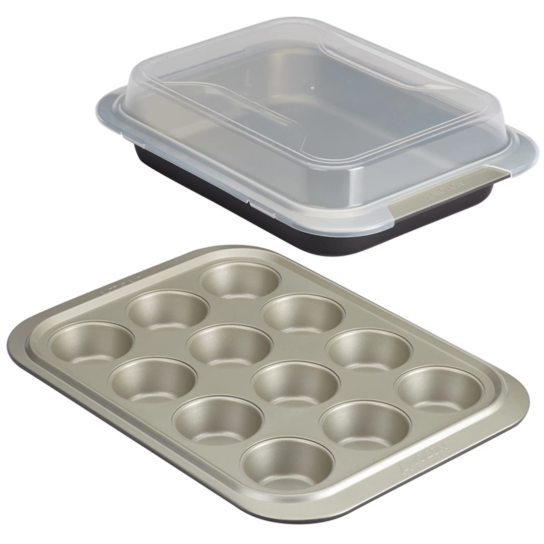 Anolon 3-Piece Bakeware Set With Shared Lid, Onyx/Pewter 3 Anolon 3-Piece Bakeware Set With Shared Lid, Onyx/Pewter