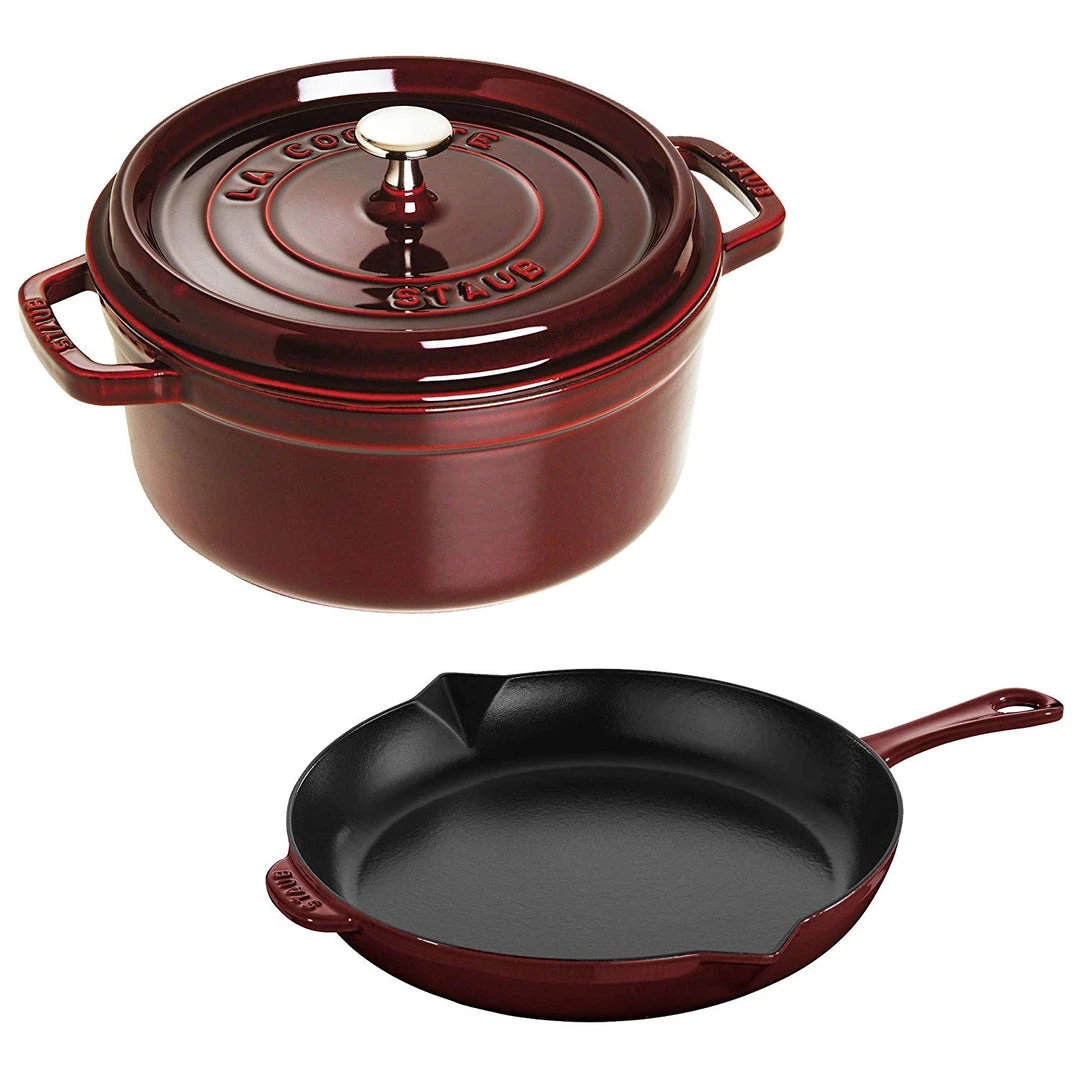 Staub Cast Iron 3-Piece Cocotte And Fry Pan Set - Grenadine COOKWARE 3 Staub Cast Iron 3-Piece Cocotte And Fry Pan Set - Grenadine COOKWARE