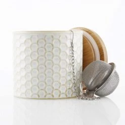 COFFEE & TEA Chantal Honeycomb Tea Caddy W/ Bamboo Lid & Stainless Steel Tea Ball Infuser - White