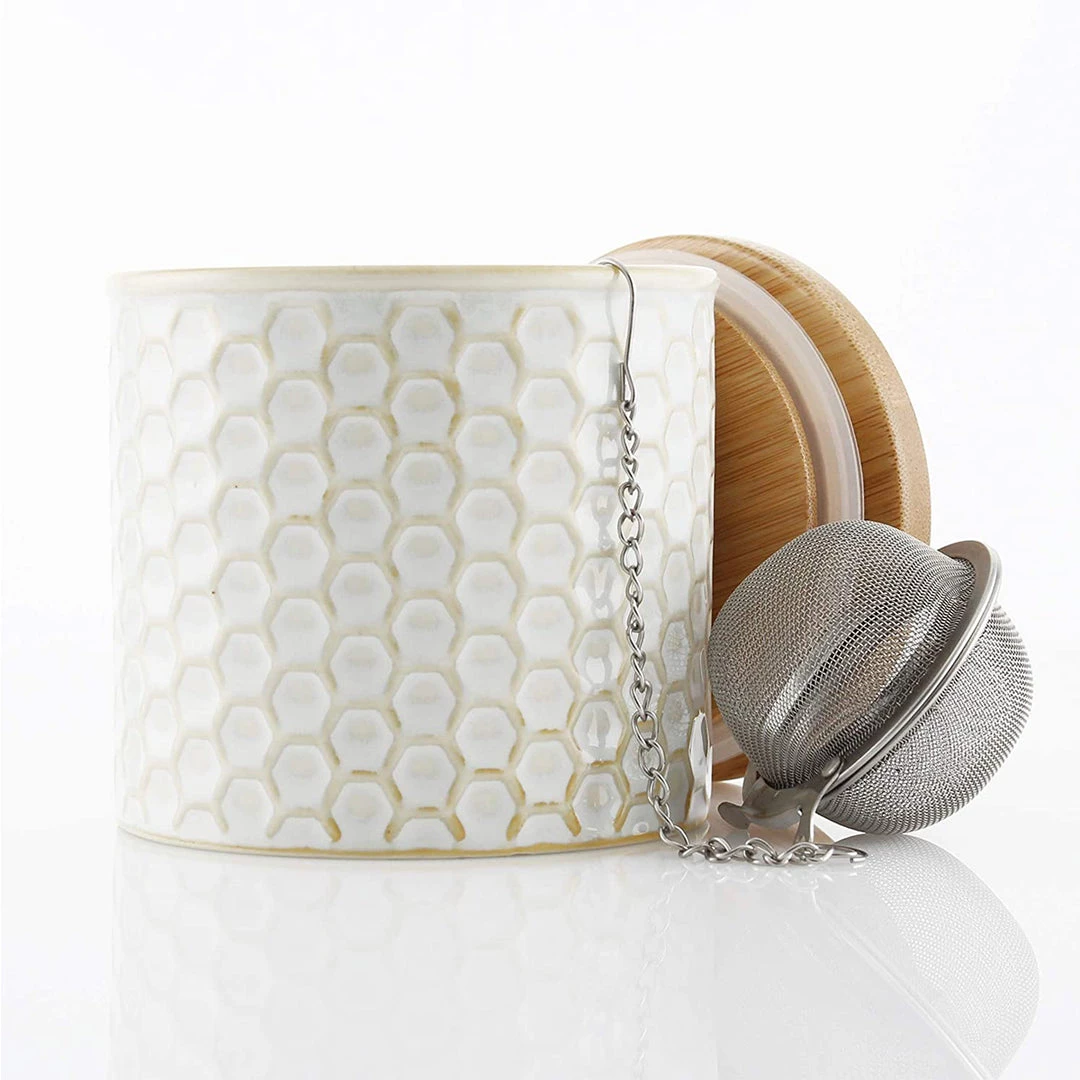 COFFEE & TEA Chantal Honeycomb Tea Caddy W/ Bamboo Lid & Stainless Steel Tea Ball Infuser - White 4 COFFEE & TEA Chantal Honeycomb Tea Caddy W/ Bamboo Lid & Stainless Steel Tea Ball Infuser - White