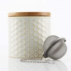 COFFEE & TEA Chantal Honeycomb Tea Caddy W/ Bamboo Lid & Stainless Steel Tea Ball Infuser - White 11 COFFEE & TEA Chantal Honeycomb Tea Caddy W/ Bamboo Lid & Stainless Steel Tea Ball Infuser - White