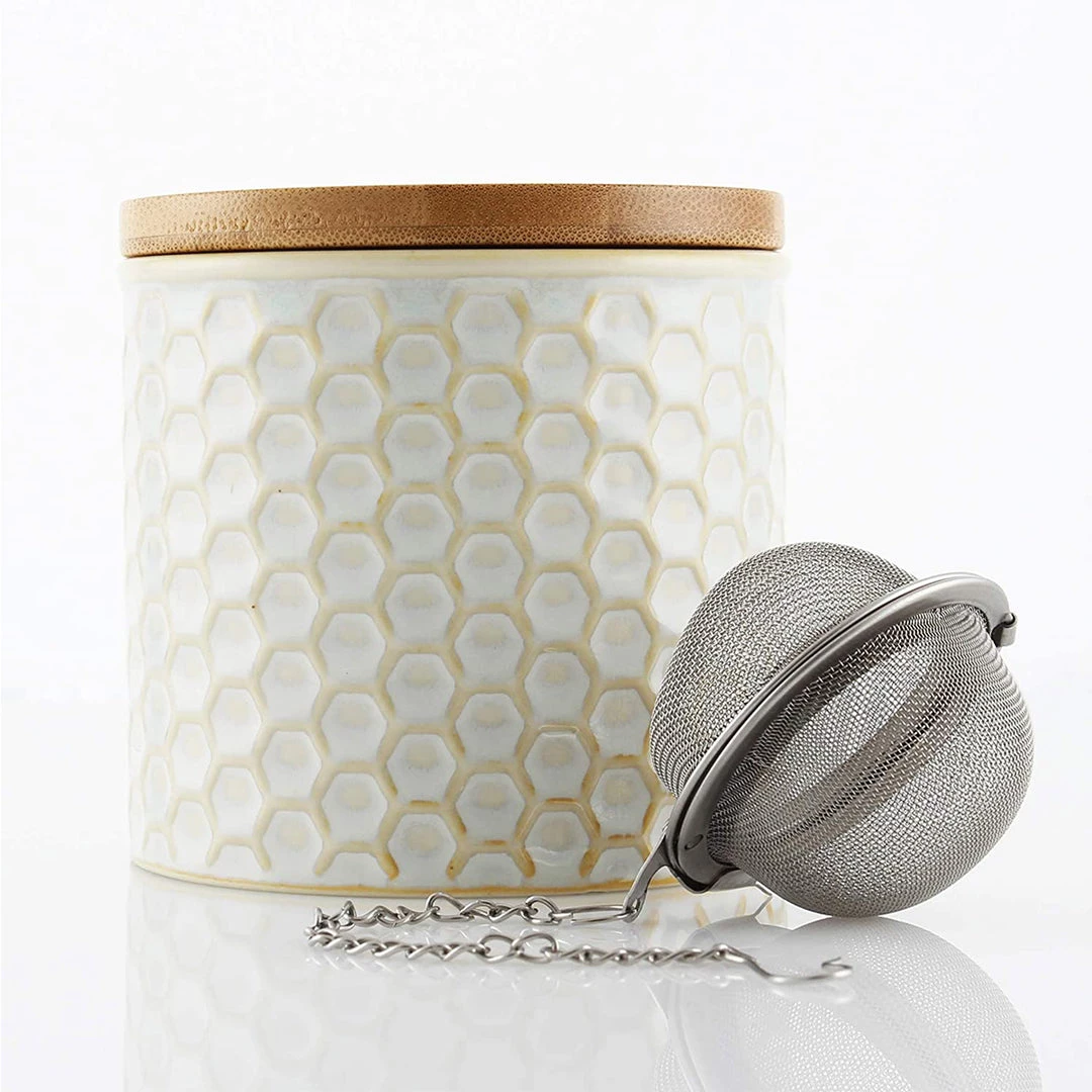 COFFEE & TEA Chantal Honeycomb Tea Caddy W/ Bamboo Lid & Stainless Steel Tea Ball Infuser - White 5 COFFEE & TEA Chantal Honeycomb Tea Caddy W/ Bamboo Lid & Stainless Steel Tea Ball Infuser - White