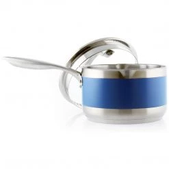 Chantal 2.5 Qt. Pouring Saucepan W/ Strainer Glass Lid & Blue Cove Band