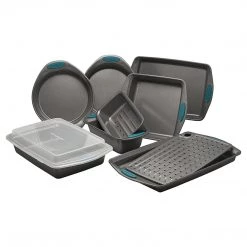 COOKWARE Rachael Ray Nonstick Bakeware Set With Grips Includes Nonstick Bread Pan, Baking Pans, Cookie Sheet, Baking Sheet And Cake Pans - 10 Piece, Gray With Marine Blue Grips