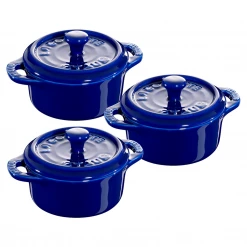 COOKWARE Staub Ceramic 3-Piece Mini Round Cocotte Set - Dark Blue
