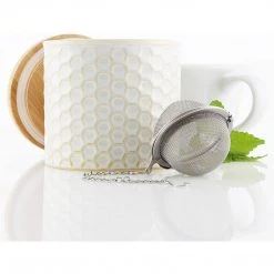 COFFEE & TEA Chantal Honeycomb Tea Caddy W/ Bamboo Lid & Stainless Steel Tea Ball Infuser - White 12 COFFEE & TEA Chantal Honeycomb Tea Caddy W/ Bamboo Lid & Stainless Steel Tea Ball Infuser - White