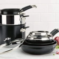 Anolon, Black SmartStack Hard-Anodized Nesting Pots And Pans Cookware Set, 10-Piece, Black, 23.5 X 14 X 13.5 Inches