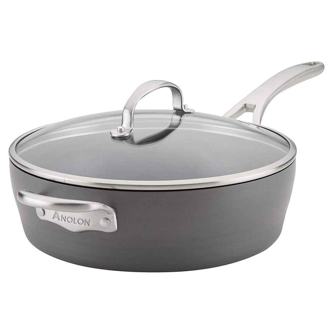 Anolon 5-Qt. Covered Sauté Hard Anodized Aluminum Sauteuse, Saute Pan, 5 Quart, Dark Gray,81173 COOKWARE 3 Anolon 5-Qt. Covered Sauté Hard Anodized Aluminum Sauteuse, Saute Pan, 5 Quart, Dark Gray,81173 COOKWARE