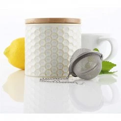 COFFEE & TEA Chantal Honeycomb Tea Caddy W/ Bamboo Lid & Stainless Steel Tea Ball Infuser - White 13 COFFEE & TEA Chantal Honeycomb Tea Caddy W/ Bamboo Lid & Stainless Steel Tea Ball Infuser - White
