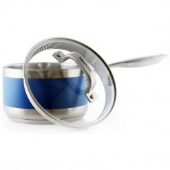 Chantal 2.5 Qt. Pouring Saucepan W/ Strainer Glass Lid & Blue Cove Band