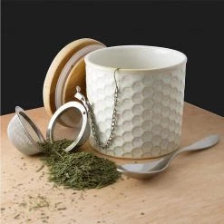 COFFEE & TEA Chantal Honeycomb Tea Caddy W/ Bamboo Lid & Stainless Steel Tea Ball Infuser - White 14 COFFEE & TEA Chantal Honeycomb Tea Caddy W/ Bamboo Lid & Stainless Steel Tea Ball Infuser - White