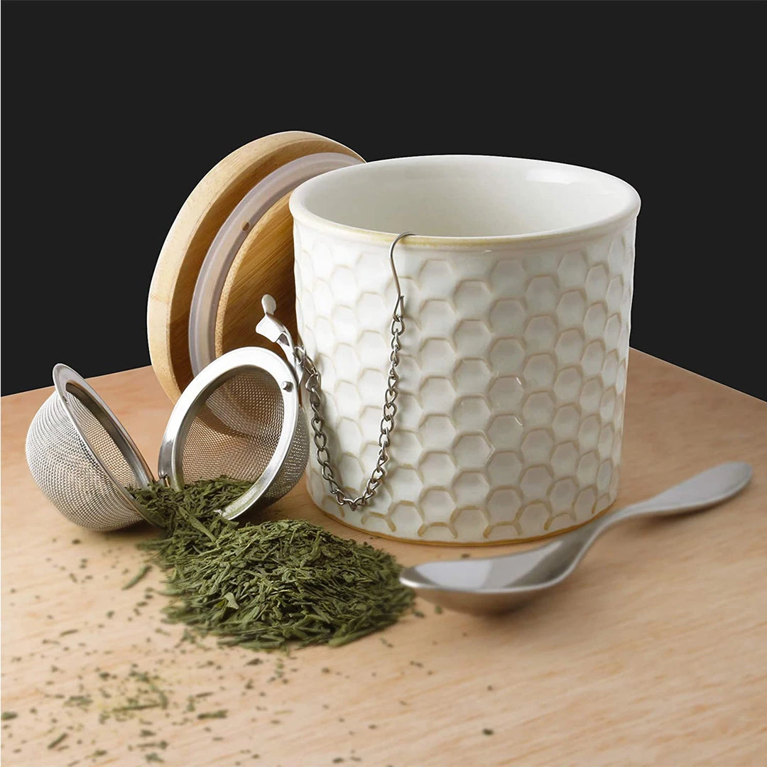 COFFEE & TEA Chantal Honeycomb Tea Caddy W/ Bamboo Lid & Stainless Steel Tea Ball Infuser - White 8 COFFEE & TEA Chantal Honeycomb Tea Caddy W/ Bamboo Lid & Stainless Steel Tea Ball Infuser - White