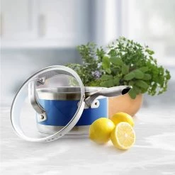 Chantal 2.5 Qt. Pouring Saucepan W/ Strainer Glass Lid & Blue Cove Band