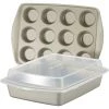 COOKWARE Rachael Ray Nonstick Bakeware Set Without Grips Includes Nonstick Baking Pan With Lid And Muffin Pan / Cupcake Pan - 3 Piece, Silver