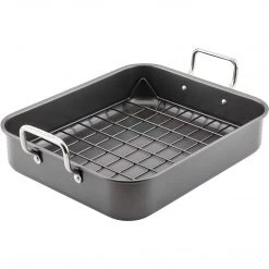 COOKWARE Rachael Ray Bakeware Nonstick Roaster/Roasting Pan With Reversible Rack, 16.5 Inch X 13.5 Inch, Gray