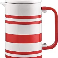 COFFEE & TEA BonJour Hot Beverage Ceramic French Press Coffee Maker With Flavor Lock Filter And Bamboo Handle, 32 Ounce, Red Stripes