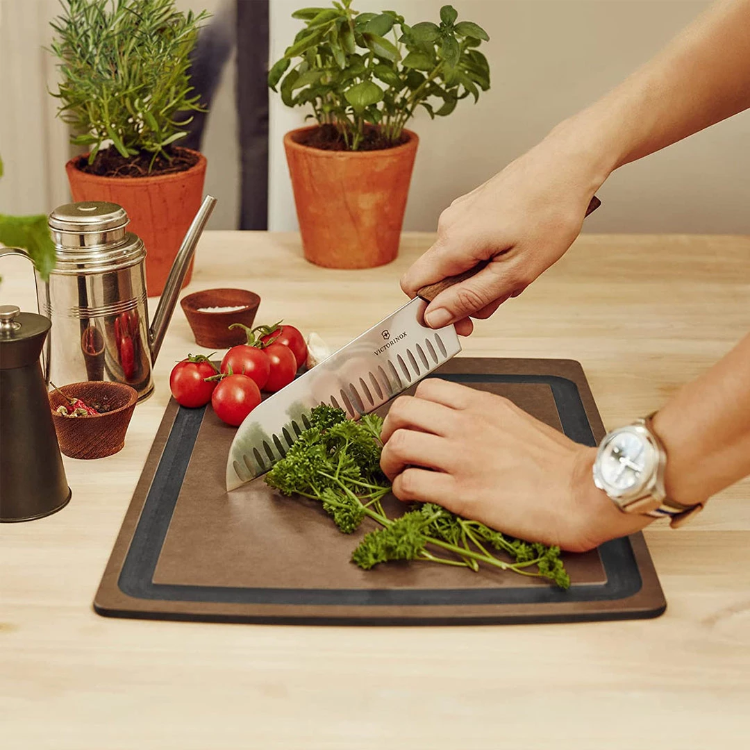 CUTLERY Victorinox Swiss Modern 7"Santoku Granton Blade, Walnut 6 CUTLERY Victorinox Swiss Modern 7"Santoku Granton Blade, Walnut