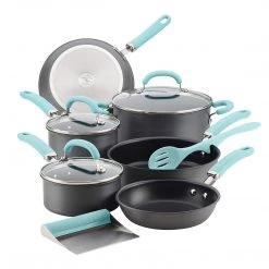 Rachael Ray 11-Piece Hard Anodized Aluminum Cookware Set, Gray With Light Blue Handles