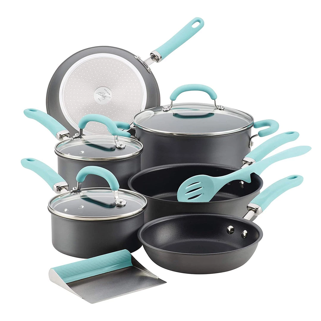 Rachael Ray 11-Piece Hard Anodized Aluminum Cookware Set, Gray With Light Blue Handles 3 Rachael Ray 11-Piece Hard Anodized Aluminum Cookware Set, Gray With Light Blue Handles