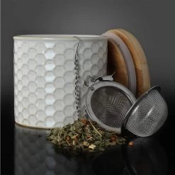 COFFEE & TEA Chantal Honeycomb Tea Caddy W/ Bamboo Lid & Stainless Steel Tea Ball Infuser - White 15 COFFEE & TEA Chantal Honeycomb Tea Caddy W/ Bamboo Lid & Stainless Steel Tea Ball Infuser - White