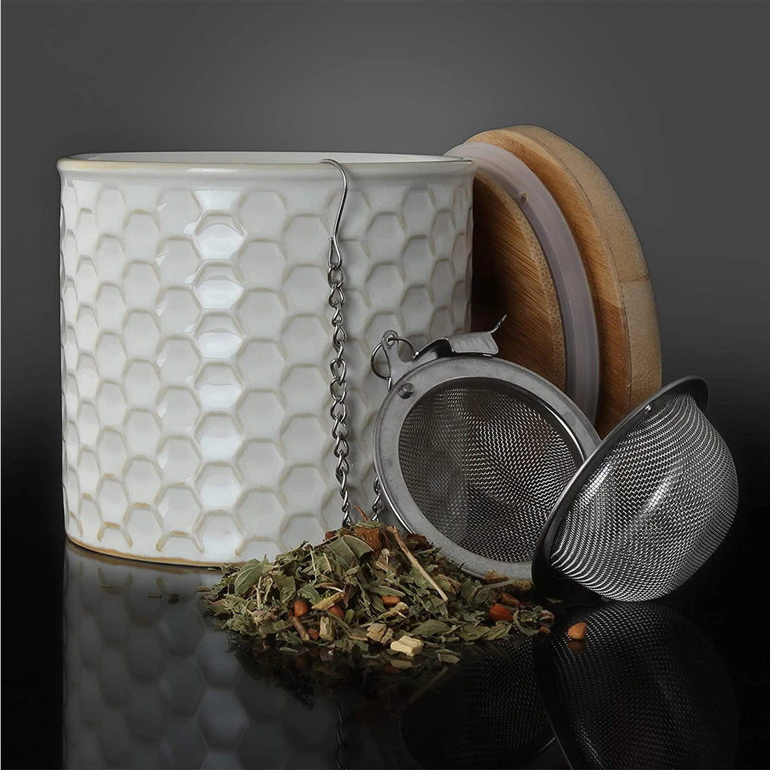 COFFEE & TEA Chantal Honeycomb Tea Caddy W/ Bamboo Lid & Stainless Steel Tea Ball Infuser - White 9 COFFEE & TEA Chantal Honeycomb Tea Caddy W/ Bamboo Lid & Stainless Steel Tea Ball Infuser - White