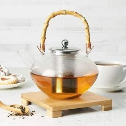 BonJour Tea Glass Zen Teapot With Stainless Steel Infuser And Bamboo Trivet, 34 Ounce, Clear