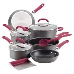 Rachael Ray Create Delicious Hard Anodized Nonstick Cookware Pots And Pans Set, 11 Piece, Gray With Burgundy Handles