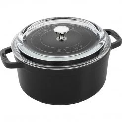 Staub Cast Iron 4-Quart Round Cocotte With Glass Lid - Black COOKWARE