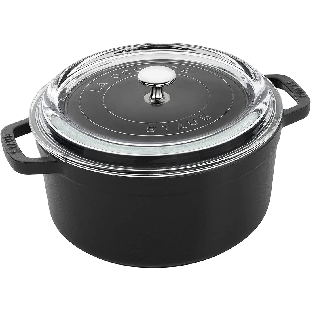 Staub Cast Iron 4-Quart Round Cocotte With Glass Lid - Black COOKWARE 3 Staub Cast Iron 4-Quart Round Cocotte With Glass Lid - Black COOKWARE