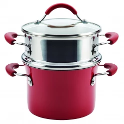 COOKWARE Rachael Ray Cucina Hard Enamel 3-Quart Covered Multi-Pot Set With Steamer - Cranberry Red