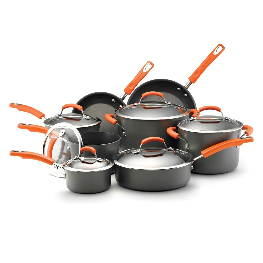 Rachael Ray Hard-Anodized Ii 14-Piece Cookware Set, Gray With Orange Handles 3 Rachael Ray Hard-Anodized Ii 14-Piece Cookware Set, Gray With Orange Handles