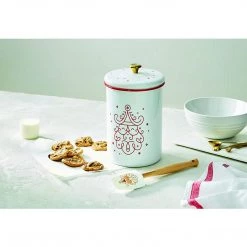 COOKWARE Le Creuset Noel Collection: Cookie Jar - White With Cerise Applique And Gold Knob